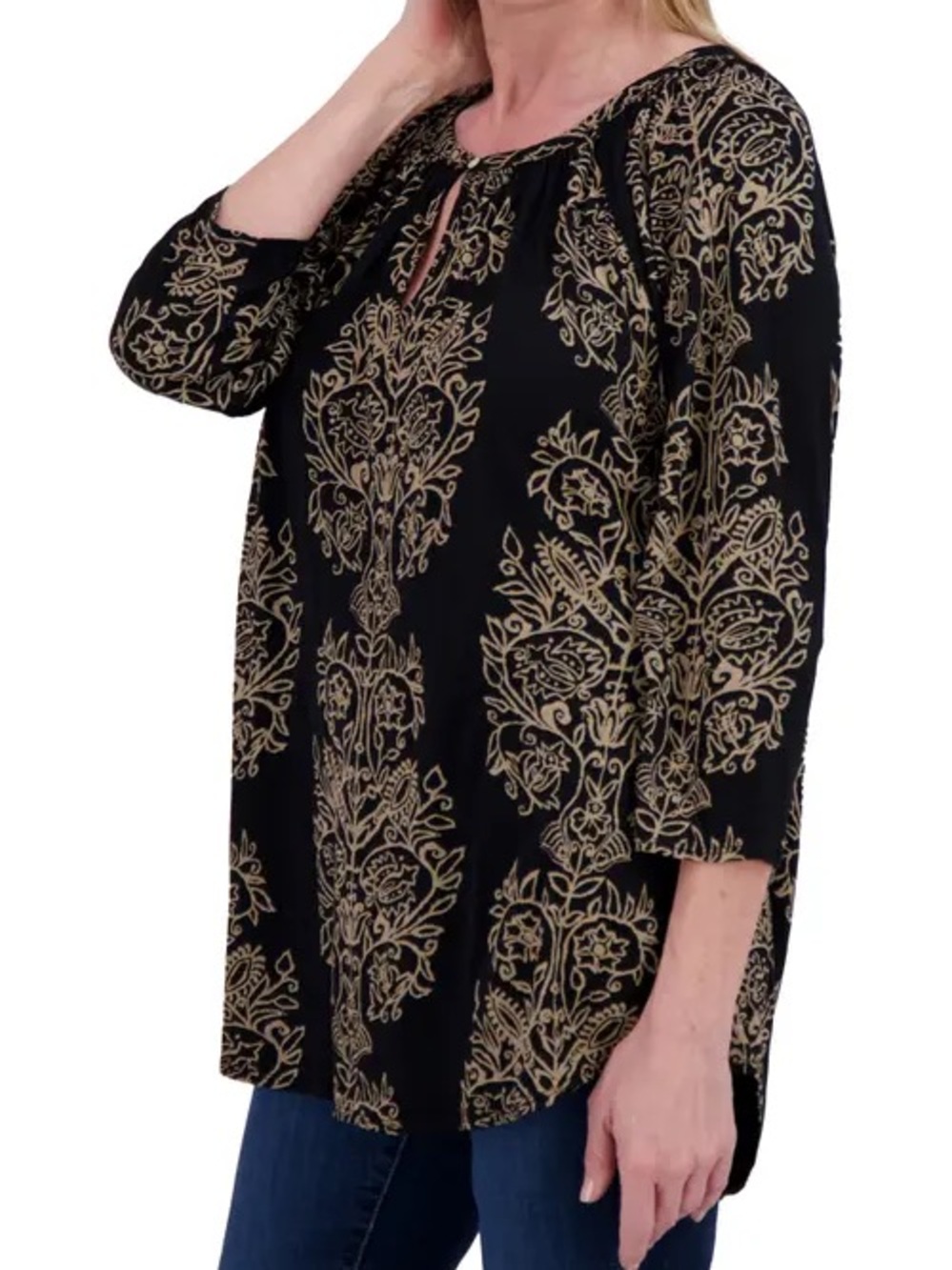 Lucky Brand Black Tunic with Gold Paisley Print